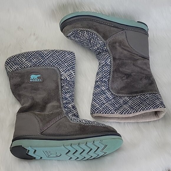 SOREL Blue White Knit Gray Suede Girl's Pull On Mid Calf Winter Boho Boots 2 - Picture 1 of 13